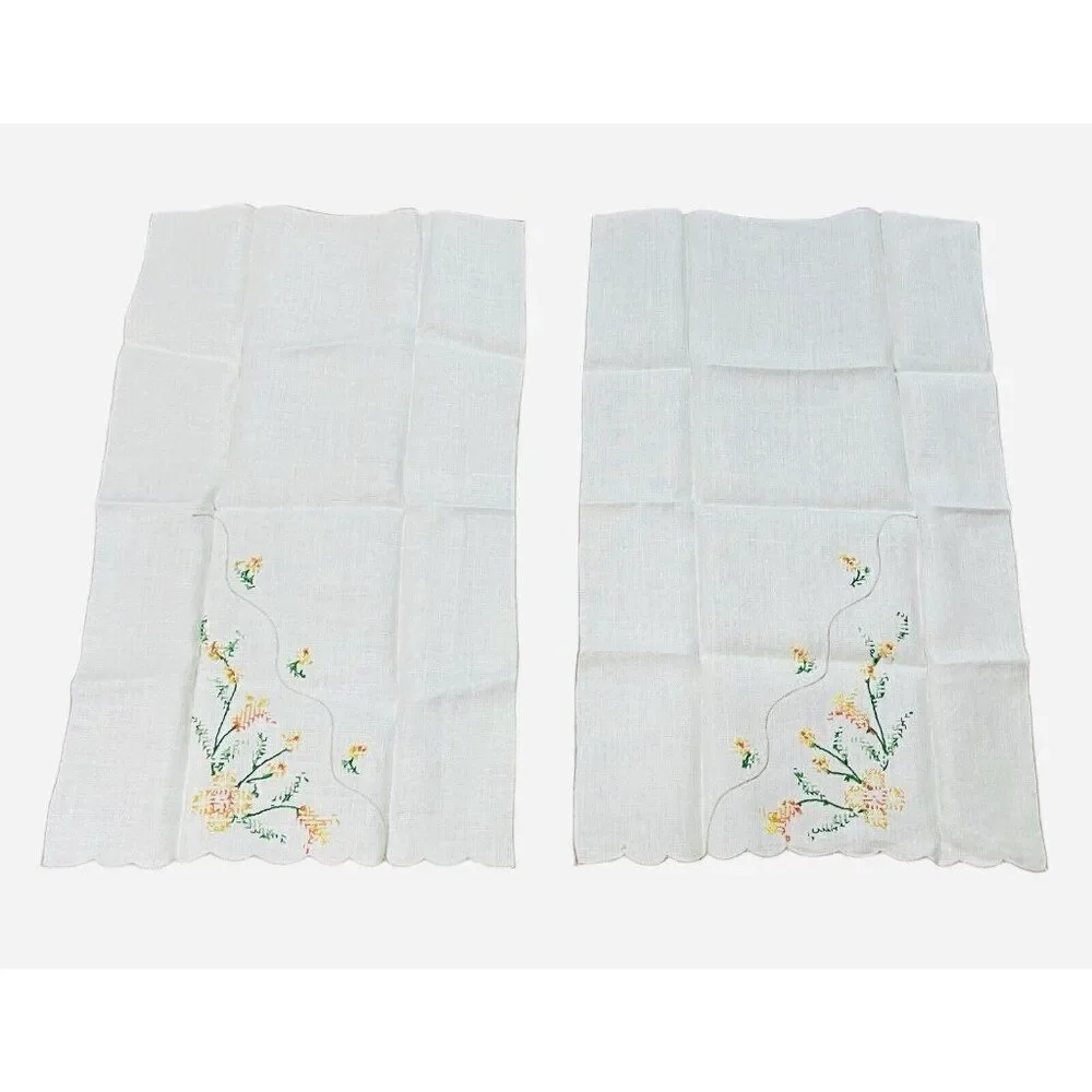 Vintage Embroidered Yellow Orange Flower Linen Tea Towels Set 2 Floral 19 x 12